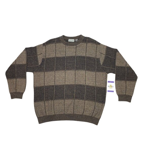 David Taylor Mens XXL Brown Pullover Sweater Knitted Checkerboard Crew Neck 90s - Picture 16 of 16